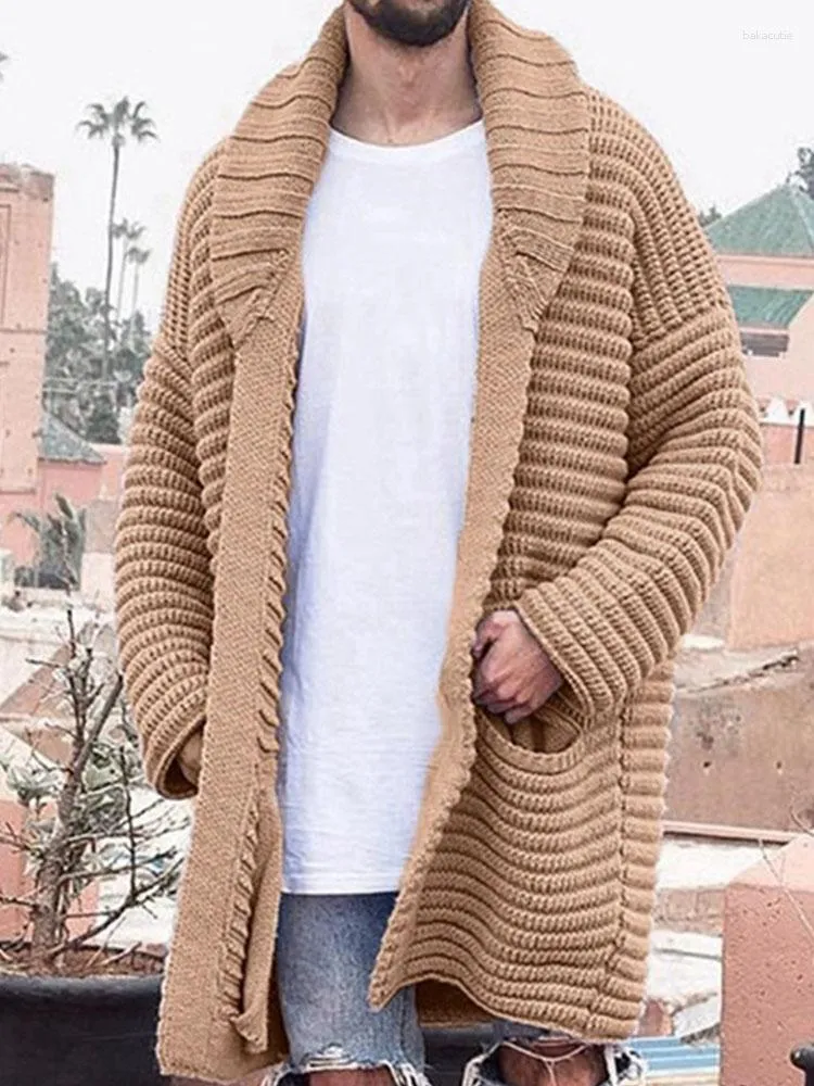 Cardigan mi-long ouvert sur le devant pour homme - Pull en tricot à manches longues et col rabattu