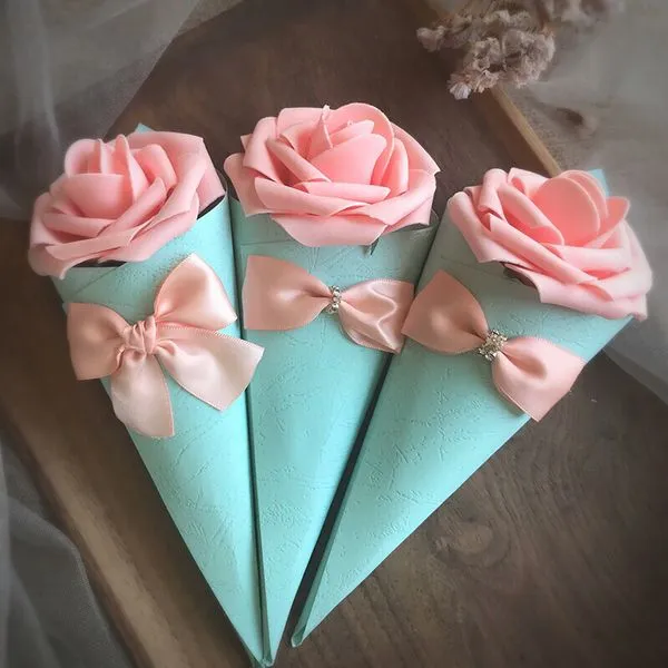 Paper Cone Shape favor holders wedding candy Boxes with Rose Flowers Bowknot Diamond 