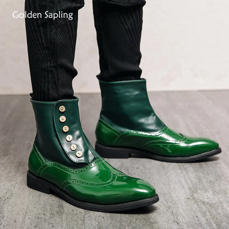 Stiefel goldener Slapling lässiger Männer Grüne Leder Modes Schuhe Klassiker Kleid Stiefel Retro Button Freizeitschuh Männer Business Footwear 230818