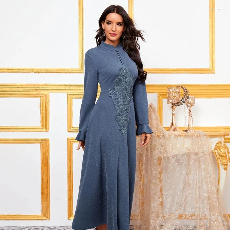 Ethnic Clothing Party Dresses For Women Fashion Stand-up Collar Loose Waist Embroidery Flowers Kaftan Abayas Muslim Dubai Gowns Evening