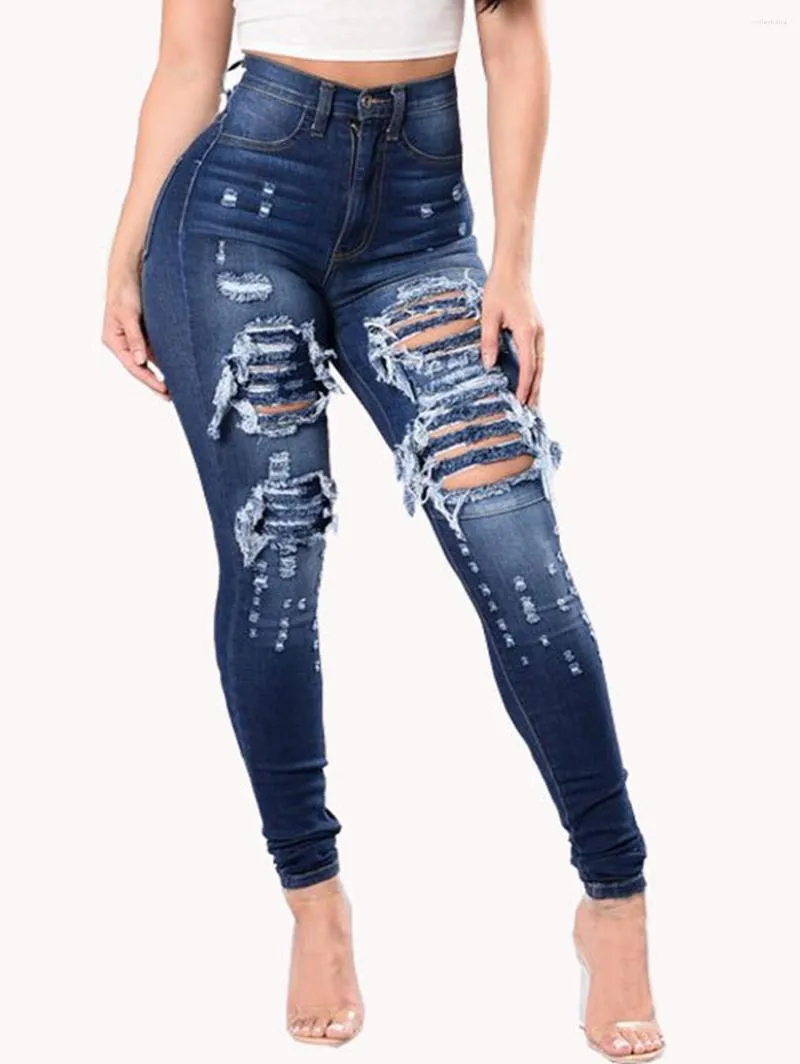 Kvinnors jeans kvinnor mode höga midja trasiga hål smala kropp stretch bodycon ihålig ut rippad demin 3xl