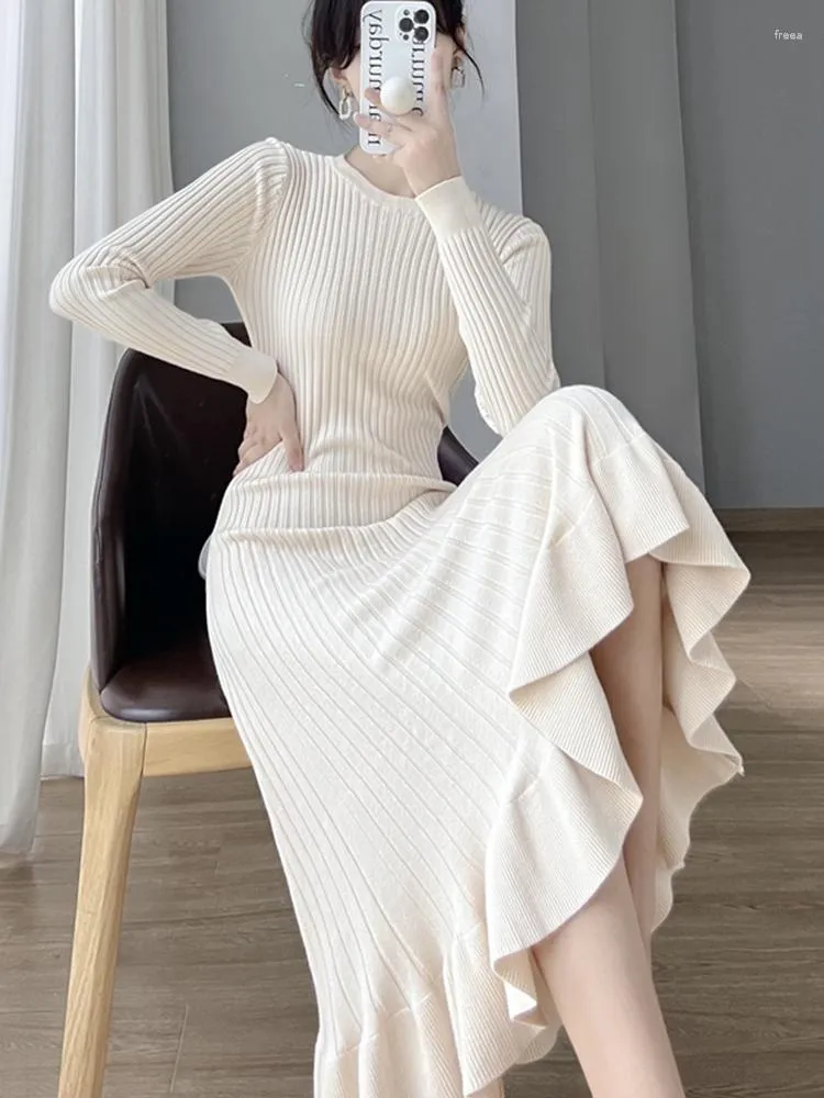 Casual Dresses Autumn Winter Sweater Long Sleeve O-Neck Fashion Dress 2023 Women Korean Black Knitted Bodycon Elegant Midi Party