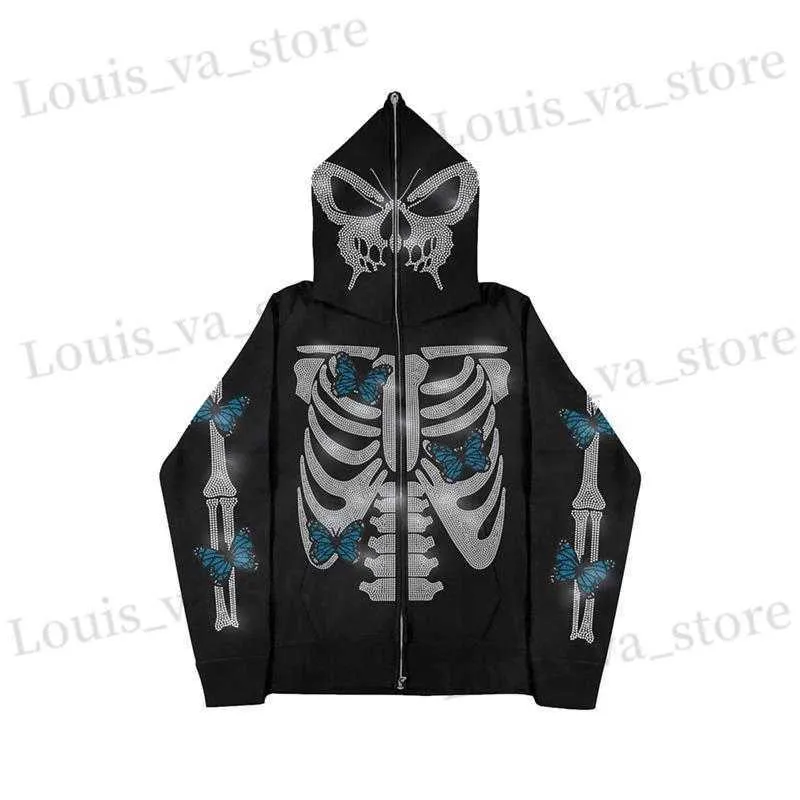 Funny Mens Hoodies Sweatshirts Spider Diamond Print Jacket Coat Zip Cardigan Y2K Gothic Style Clothing Hip Hop Streetwear T230819