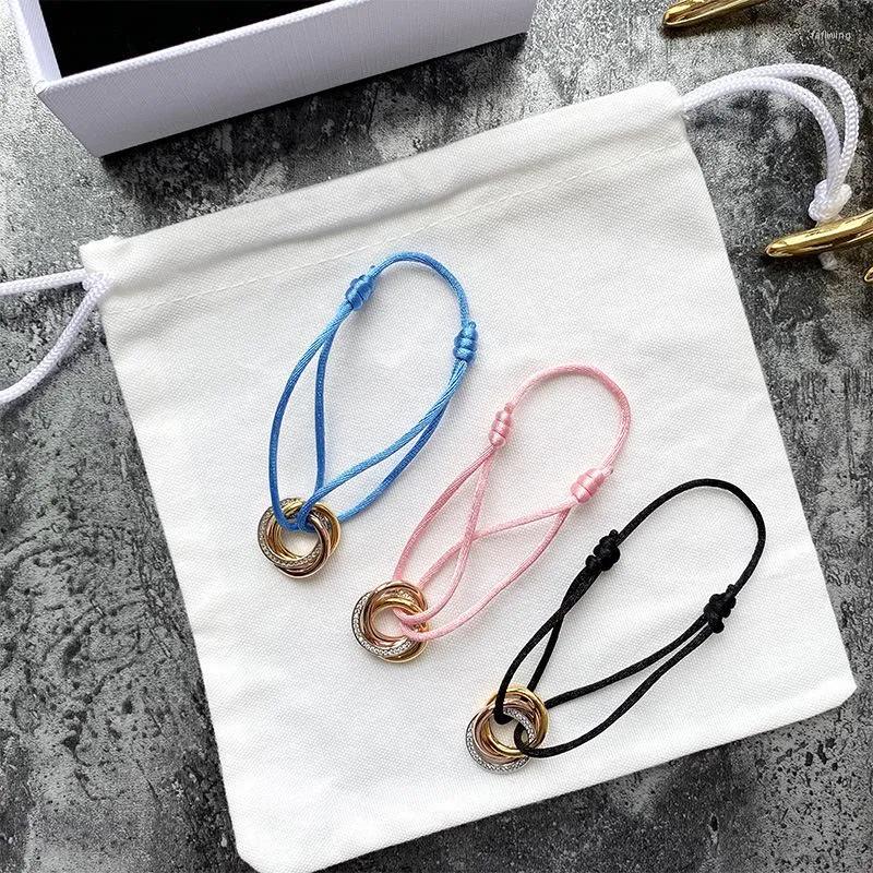 Bangle Rose Gold Bracelet Stainless Steel 3colors 3rings Stone Buckle Ribbon Lace Up Chain Multicolor Adjustable Fashion Jewelry No Box