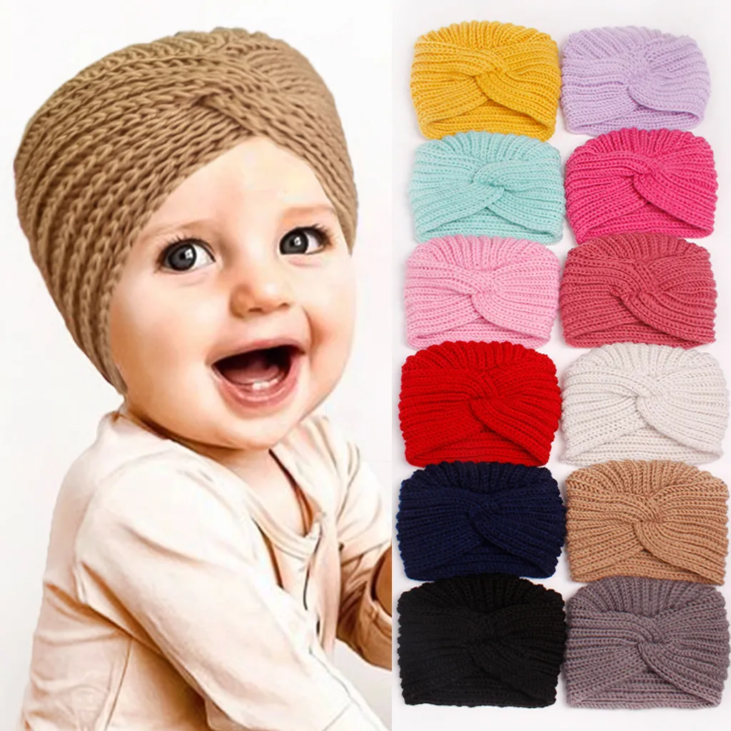 M615 Nieuwe herfst winter baby babykinderen gebreide hoed vaste kleur kinderen gekruiste tulband schedels pappen meisjes warme hoeden