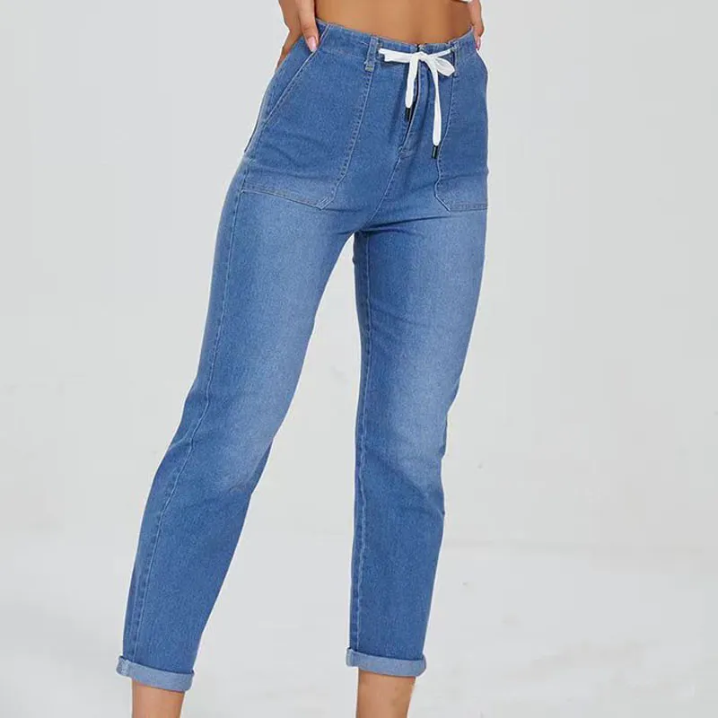 Gumipy Womens Elastic Waist Stretch Loose Fit Jeans Women With Drawstring  And Pocket Pull On, Casual Baggy Style, Cropped Design Style #2308192 From  Jiehan_shop, $21.13
