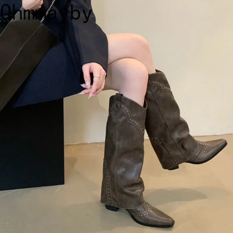 Boots Woman Western Cowgirl Boot Fashion Slip on Long Booties Autumn Winter Square High Heel Girl Shoes 230818