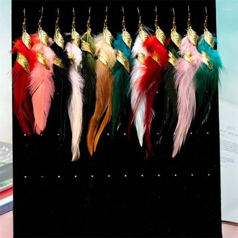 Dangle Earrings Feather For Women Gold Color Leaf Asymmetric Boho Bohemian Vintage Statement Long Tassel Fashion Year Gift