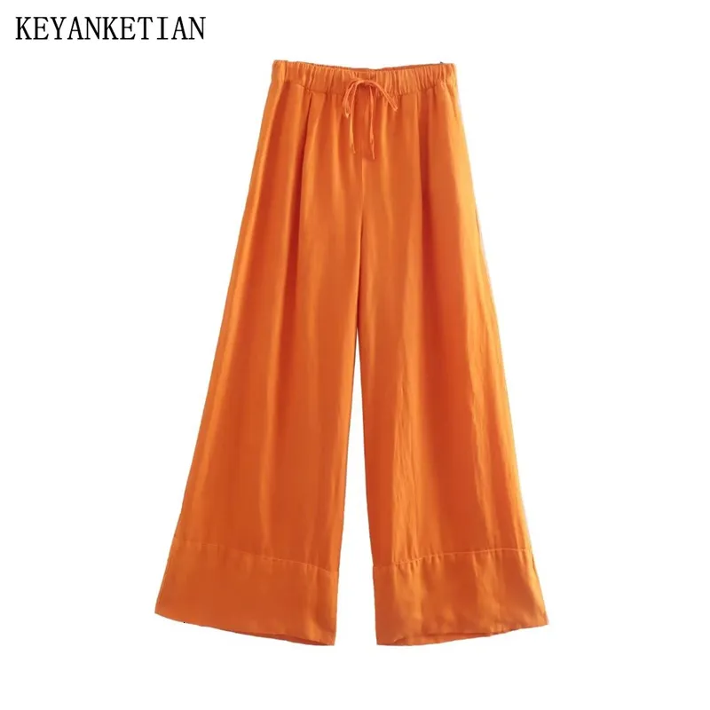 Pantaloni da donna s keyanketian lino autunno miscela wideleg stile casual tratto nodo anteriore nodo ad alto colore pantaloni a colori solidi 230818