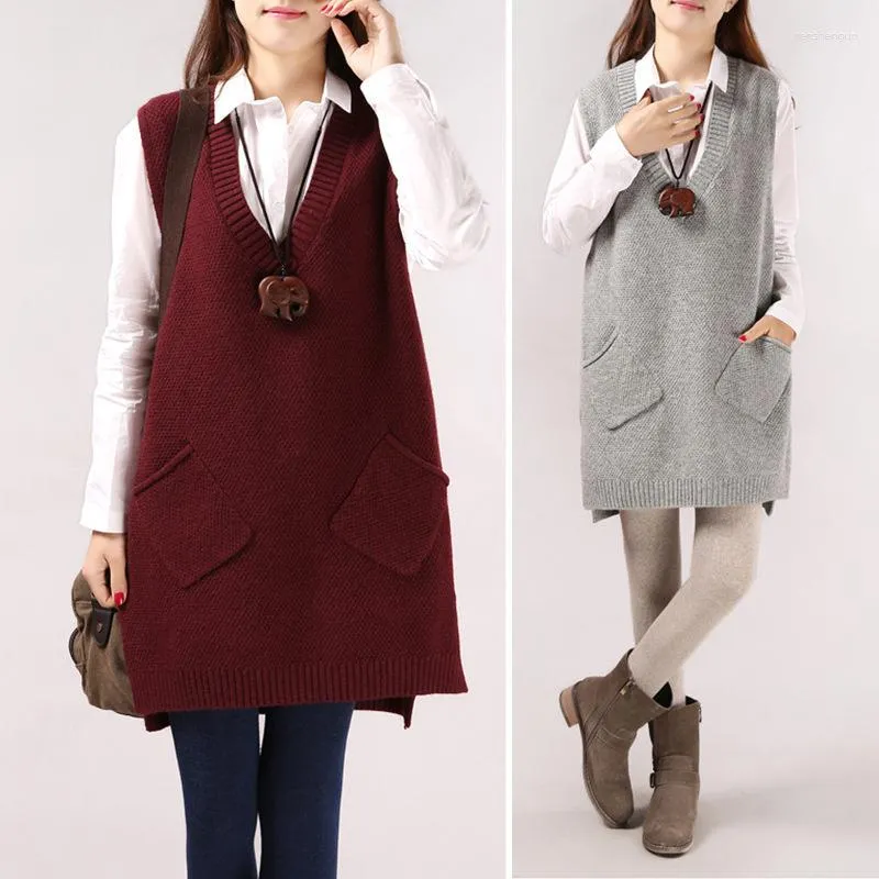 Dames truien 2023 dames trui lente herfst exquise Koreaanse v-neck gebreide lange a-vormige pocketvest pullover mouwloosheid