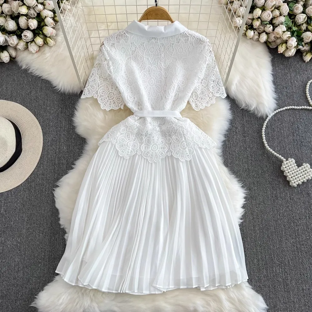 White Satin Mini Dress with Hollow Out Crochet Lace Patchwork, Puff Long Sleeve, Natural Waistline, Lapel Neck, Preppy Style for Summer from Dhgate Basic & Casual Dresses - price 40.21 White Satin Mini Dress with Hollow Out Crochet Lace Patchwork, Puff Long Sleeve, Natural Waistline, Lapel Neck, Preppy Style for Summer from Dhgate Basic & Casual Dresses - price 40.21
