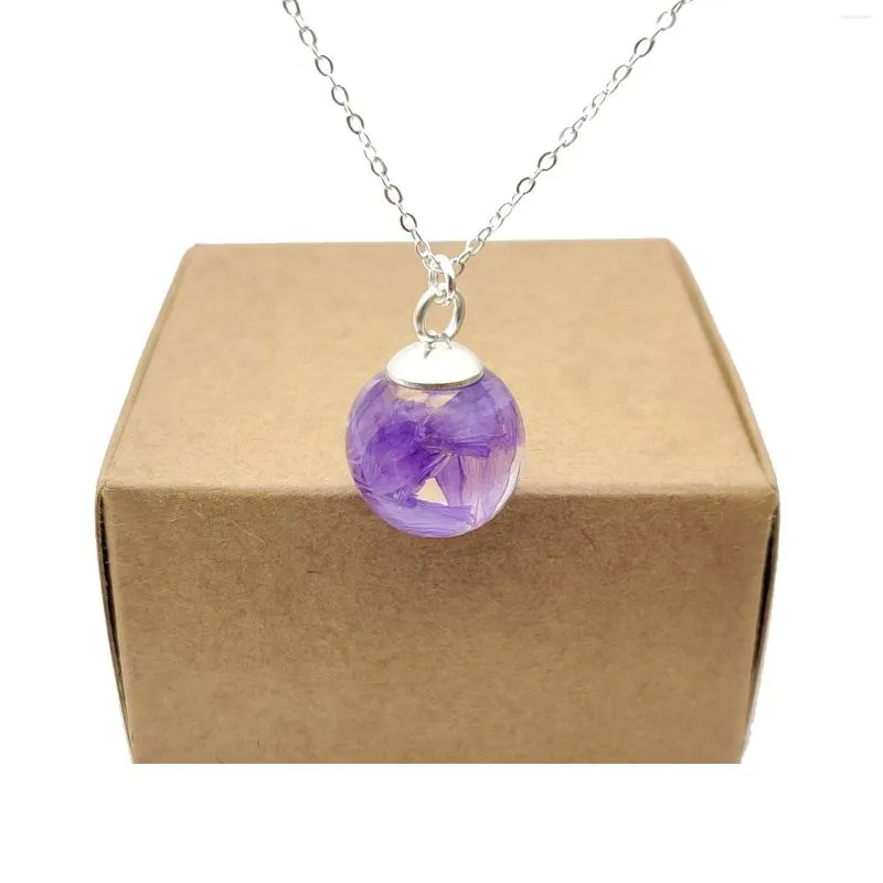 Pendant Necklaces Purple Forget Me Not Statice Real Flower Glass Ball Sterling Silver Color Chain Necklace Women Choker Boho Fashion