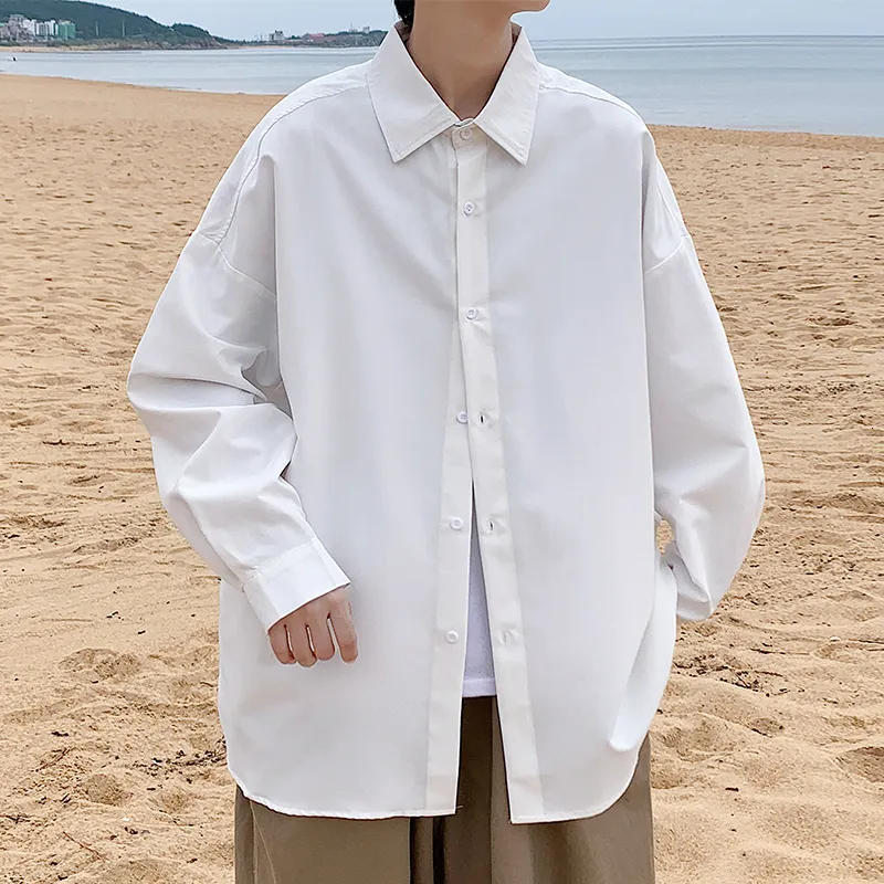 Men's Casual Shirts 50KG110KG Harajuku Plain Men Shirt Long Sleeve White Solid Korean Loose Button Down Male Blouses 230818