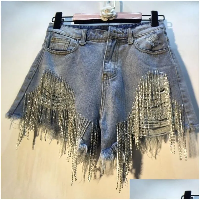 Damenshorts Deat Frühlingsverschleiß schwerer Quasten Nagel Diamantperlen High Allmatch Dünne Taille Denim Short Ae32305 Y200403 Drop Lieferung DHMI6