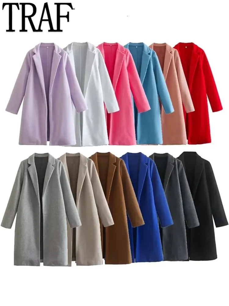 Womens Wool Blends Traf Multicolor Long Coat Women Sleeve Winter Woman Chic and Elegant Jacket Fashion Streetwear Cardigans 230818