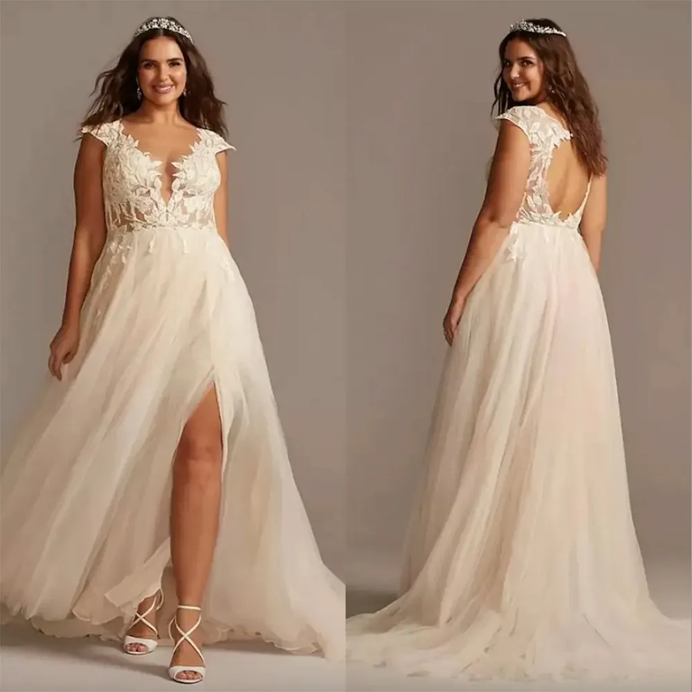 Nieuwjaars Cap Sleeve Lace Appliqued Plus Size Wedding Jurken 2023 Sexy High Slit Sweep Train Country Boho Beach Bridal Dress