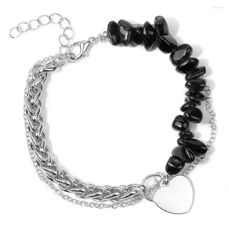 Charm Bracelets Bohemia Silver Color Heart Pendant Natural Stone Black Obsidian Chip Double Layer Bracelet Lovers Jewelry