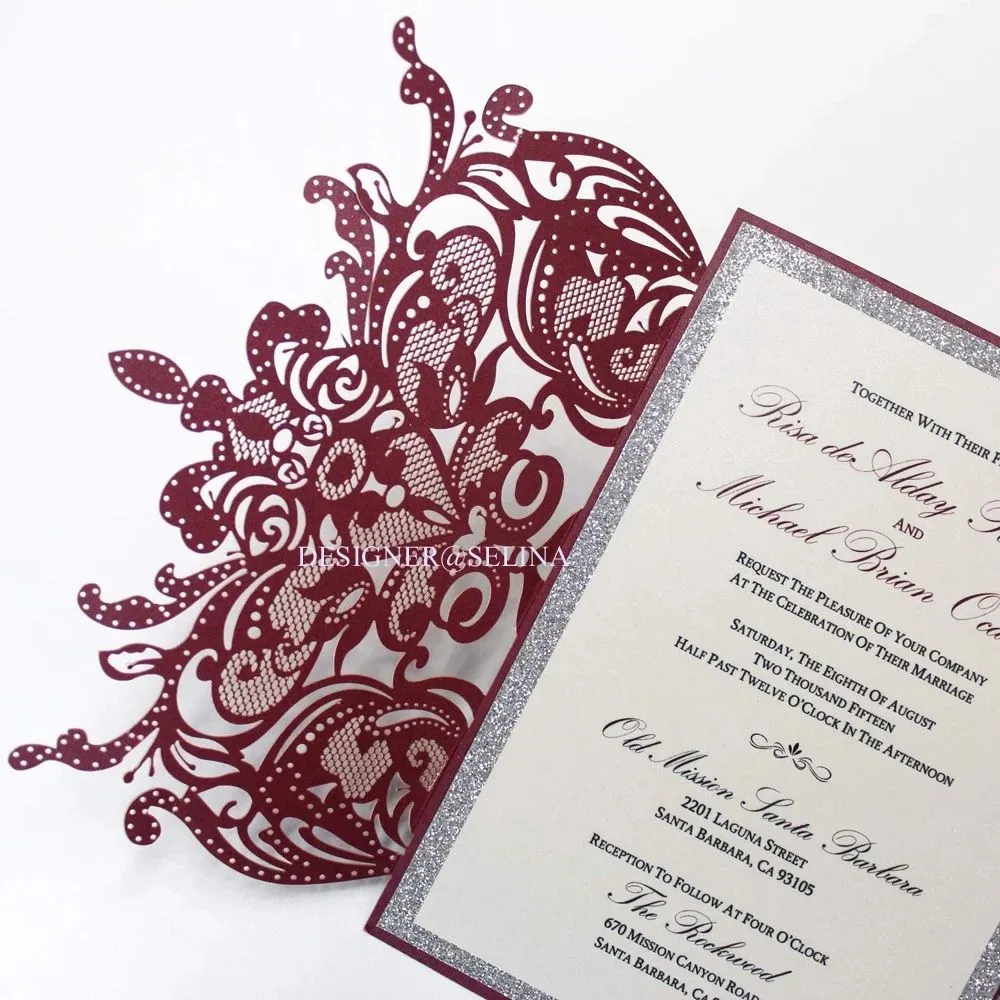 Burgundy Lace Wedding Invitation Inner Sheet with Silver Glitter Bottom And Ribbon Envelope