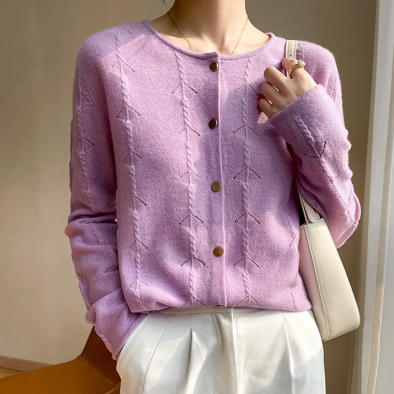 Womens Knits Tees 100% Wool Spring And Summer Fashion O Neck Hollowed Out Slim Pure Purple Orange Cardigan Sweater Coat Short Sunscreen 230818
