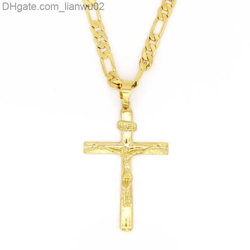 Naszyjniki wisiorek Real 10K żółty solidny złoty złoty gf Jesus Cross Crucifix Charm Big wisiorek 5535 mm figaro łańcuch Naszyjnik Z230819