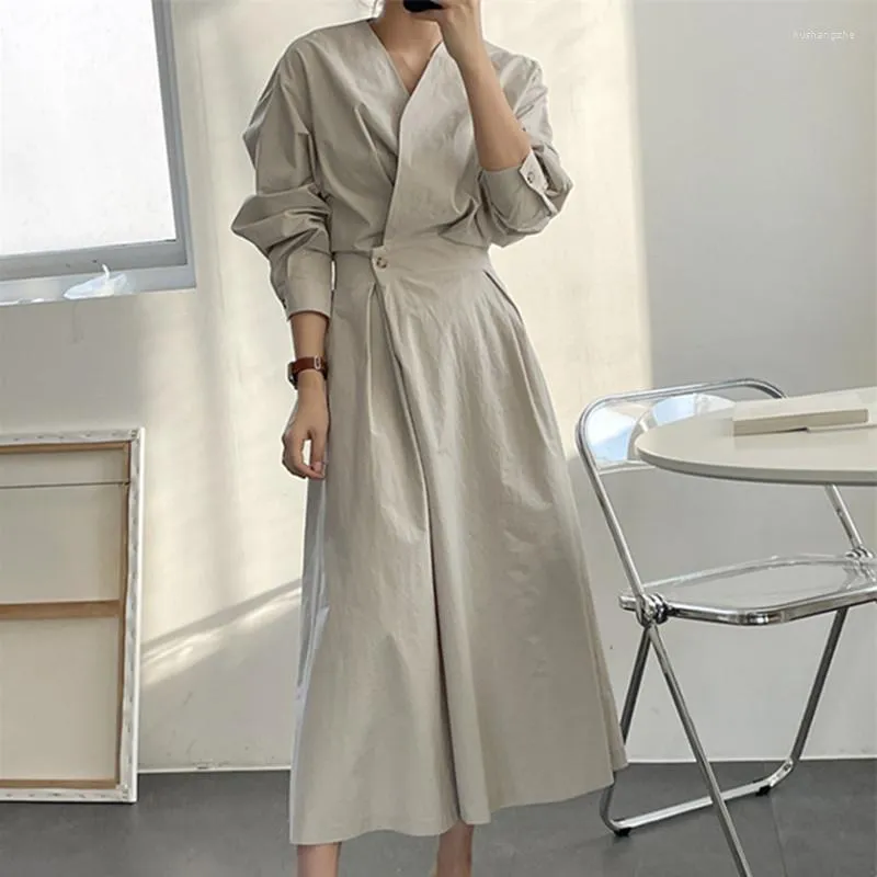 Vintage Korean Cotton maxi dress for Women - Casual, Solid Color, V-Neck, Long Shirt - Perfect for Spring and Summer - G525