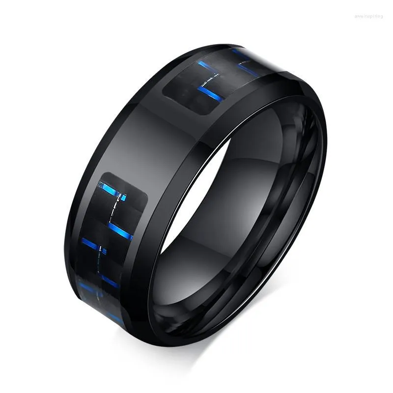 Anneaux de mariage Bague en acier inoxydable couleur or pour homme de 8 mm avec fibre de carbone bleue Taille confortable 8-12