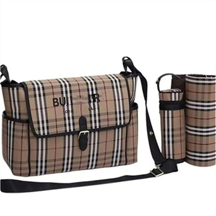 Sac à couches imperméable maman sac à couches bébé fermeture éclair marron plaid impression ventes sac à dos messager couche-culotte sac fourre-tout mode trois pièces ensemble S2