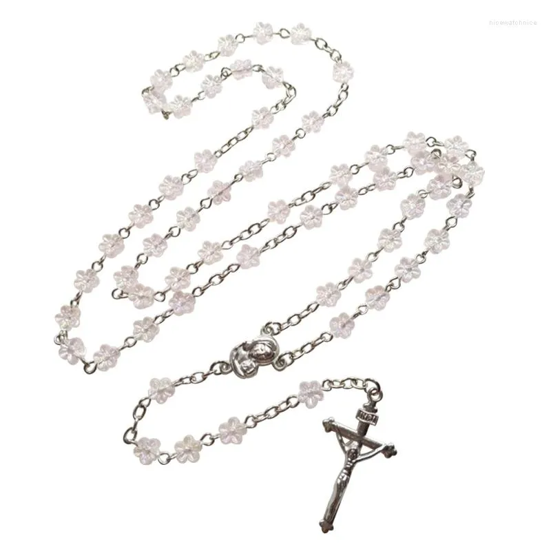 Pendant Necklaces E0BE Fashionable Christian Jewelry Prayers Beads Necklace Cherry Flower Chokers