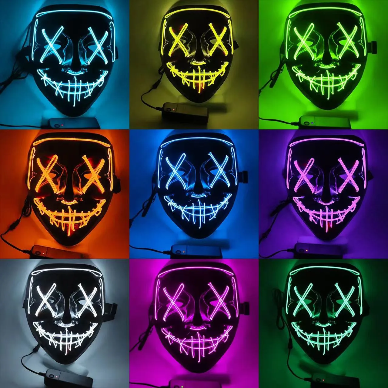 Maska LED Halloweenowa impreza masquerade Maski Maski Neonowe Maski Lekkie blask w ciemnej masce horror świecąca maska ​​mieszana maska ​​200pcs C307