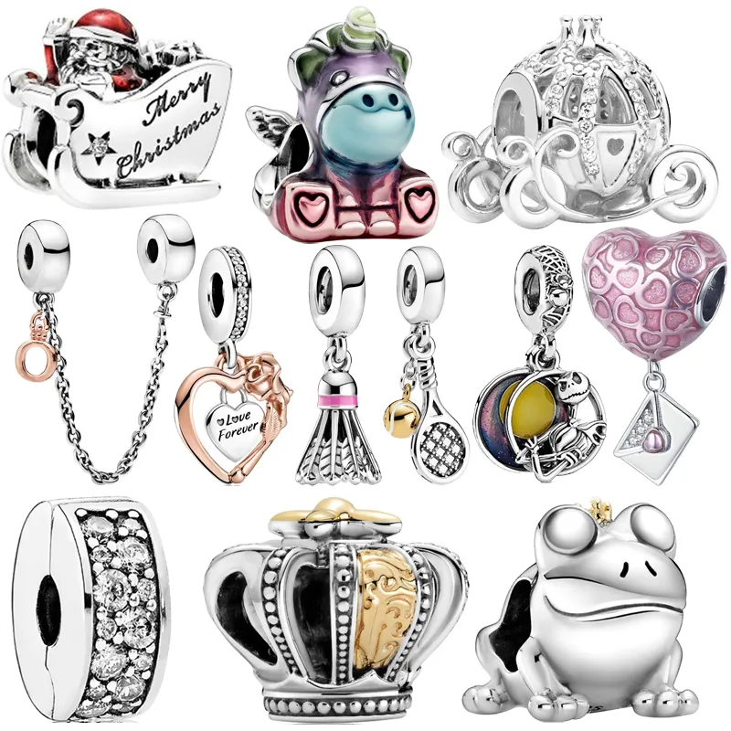 S925 Sterling Silver Dernière Voiture Tennis Rose Père Noël Badminton Ball Pendentif Convient pour Original Pandora Charm Bracelet En Argent DIY Bijoux Pour Femmes Livraison Gratuite