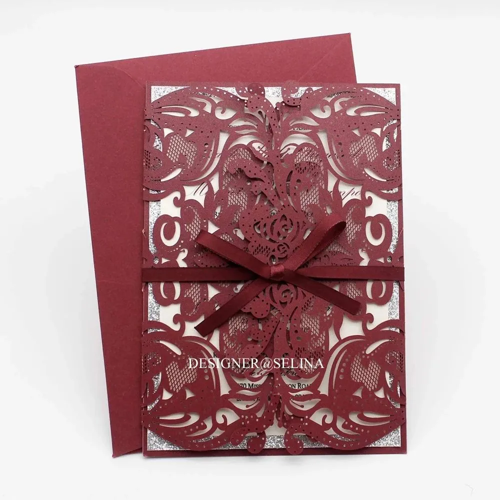 Burgundy Lace Wedding Invitation Inner Sheet with Silver Glitter Bottom And Ribbon Envelope