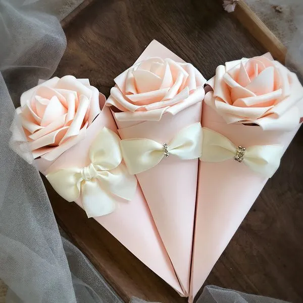 Paper Cone Shape favor holders wedding candy Boxes with Rose Flowers Bowknot Diamond 