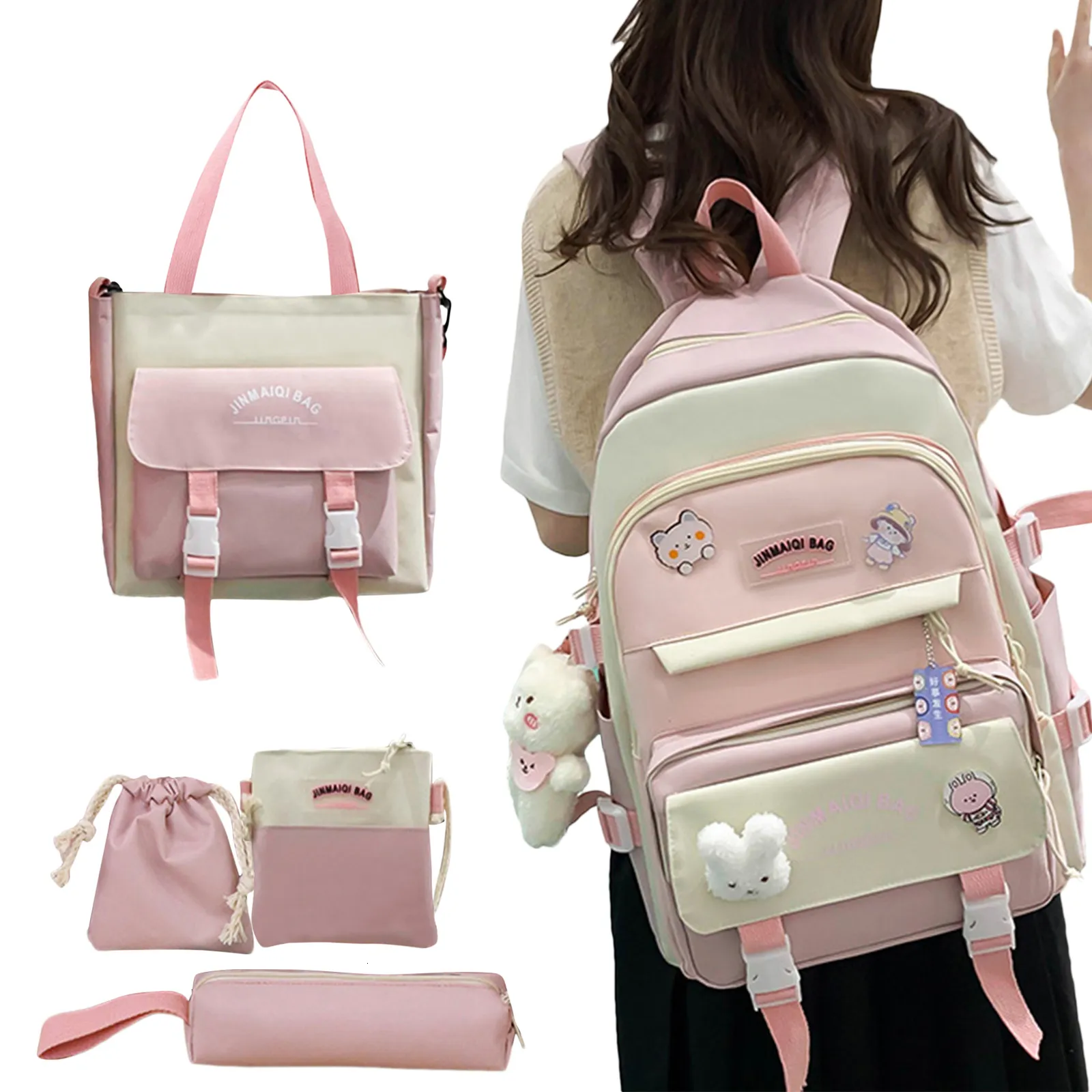 Juego de 4 mochilas con diseño de kawaii y estética, mochila escolar con  colgante de oso, accesorios para niñas y adolescentes para el regreso a la