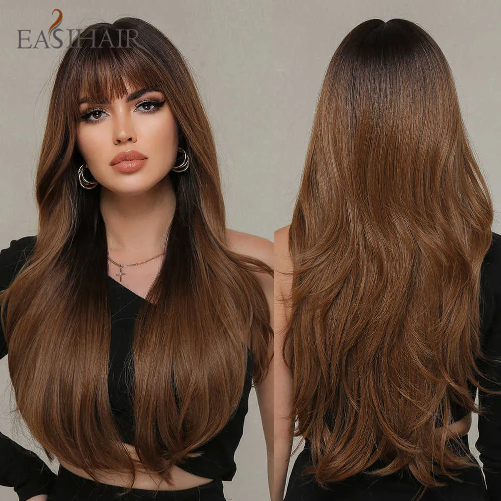 Synthetic Wigs EASIHAIR Ombre Black Chestnut Brown Synthetic Wigs With