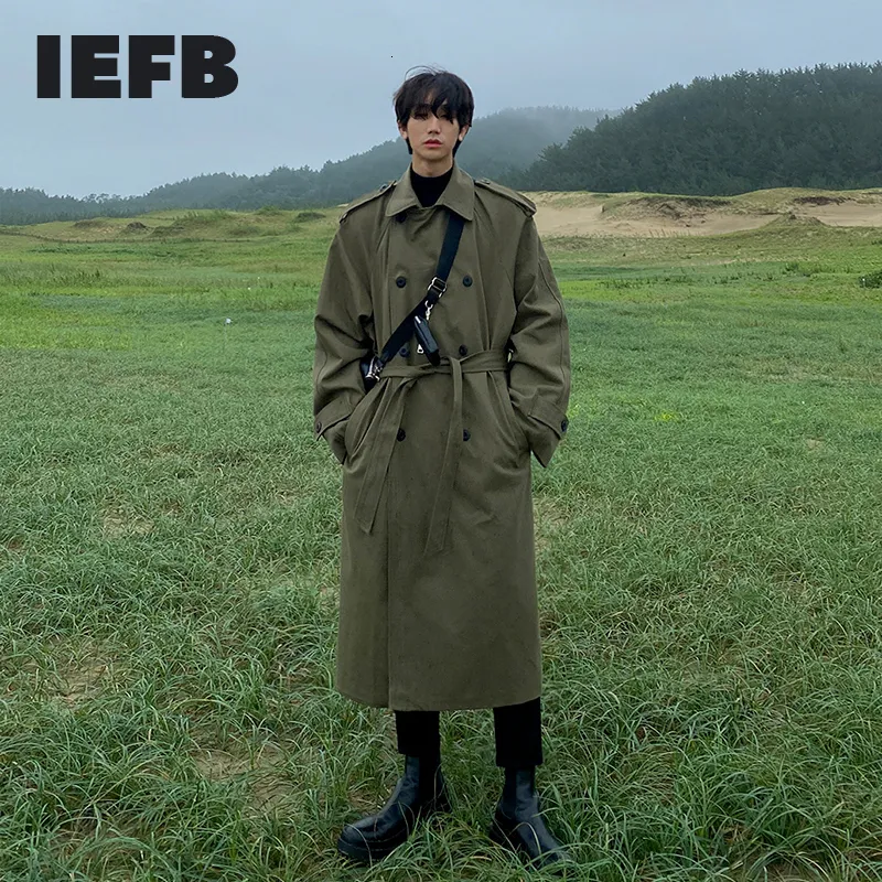 Jackets masculinos IEFB 2023 Windbreaker de outono Comprimento médio sobre o joelho solto coreano Belo casaco de tendência com cinto Casual 9Y5488 230818