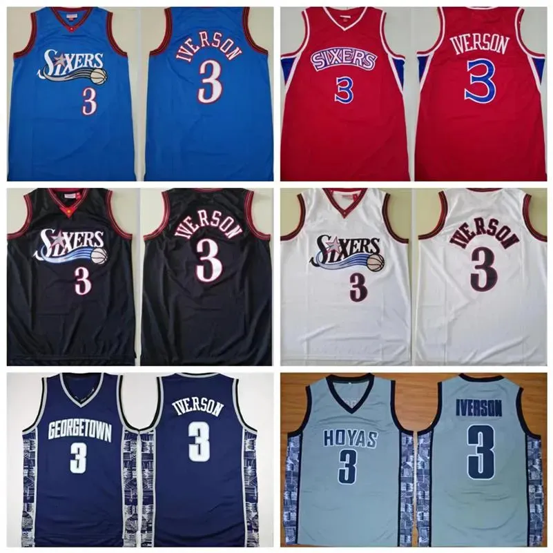 남자 76 ers 레트로 저지 3 Allen Iverson 농구 유니폼 Mitchell Ness Mesh Georgetown Hoyas College University Vintage College 남자 스티치 셔츠 반바지