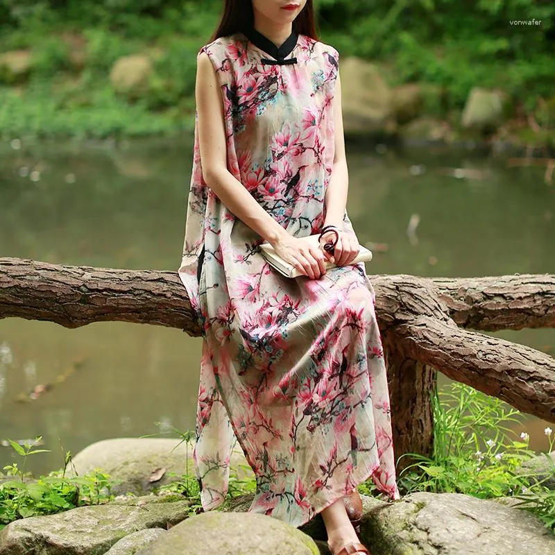 Casual Dresses LZJN Folk Style Tank Dress Women Summer Sundress Rayon Floral Sleeveless Cheongsam Elegant Chinese Clothing Robe Femme