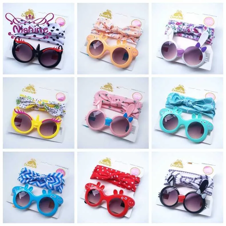 Groothandel 20 kleuren Kinderen Baby Girls Zonnebril Haarband Set Anti-UV Cartoonglazen Knoop Bow Hoofdband Foto Props Geschenken