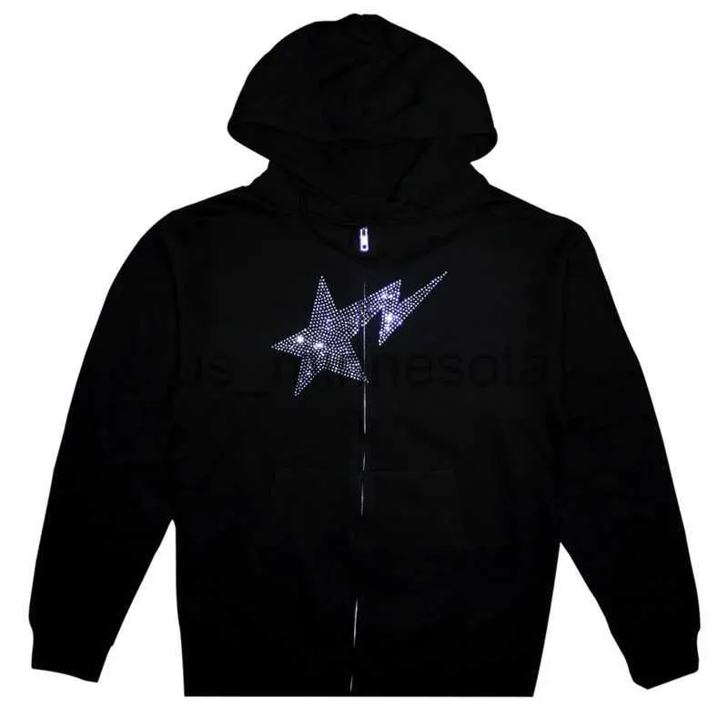 Hommes Hoodies Sweats Zipper Hoodie Cardigan Homme Femmes Y2k Diamant Incrusté Paillettes Sweat American Ins Automne Hiver Nouveau Couple Veste Campus Sty J230818