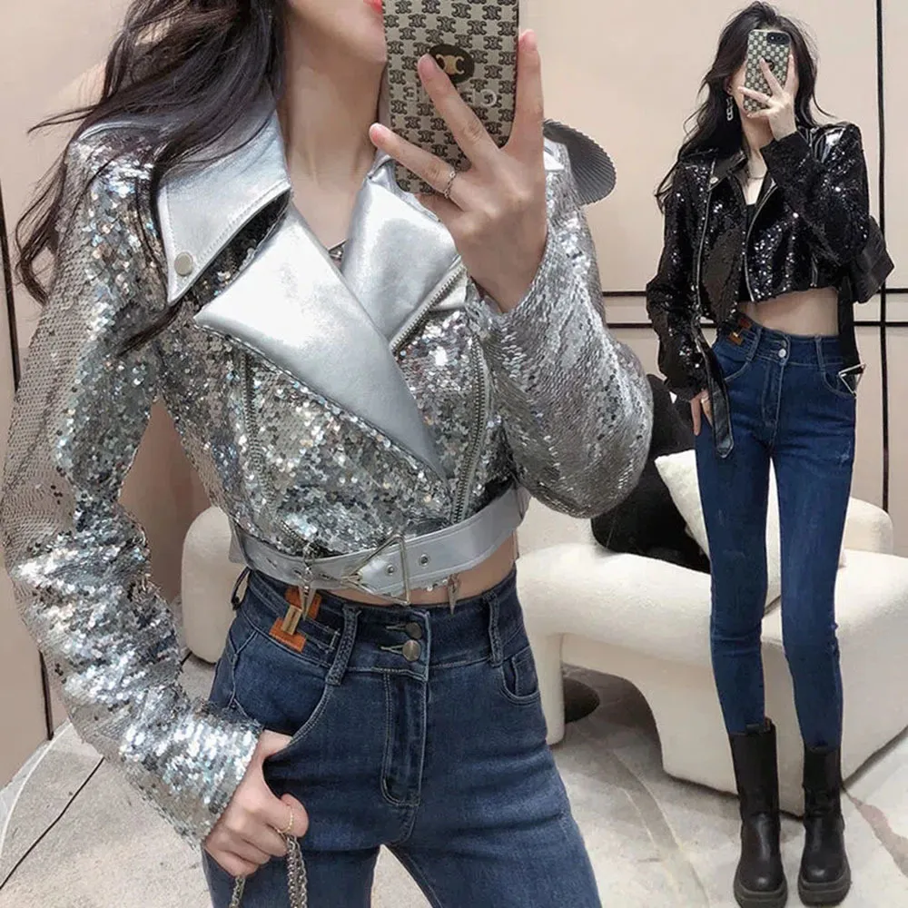 Kvinnorjackor Fashion Sequin Faux Leather Jacket Kvinnor Autumn Pu Leather Shiny Ladies Coats Casual Party Club Crop Jackets Female Outwear 230818