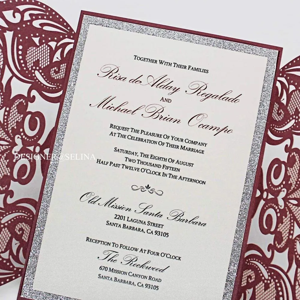 Burgundy Lace Wedding Invitation Inner Sheet with Silver Glitter Bottom And Ribbon Envelope