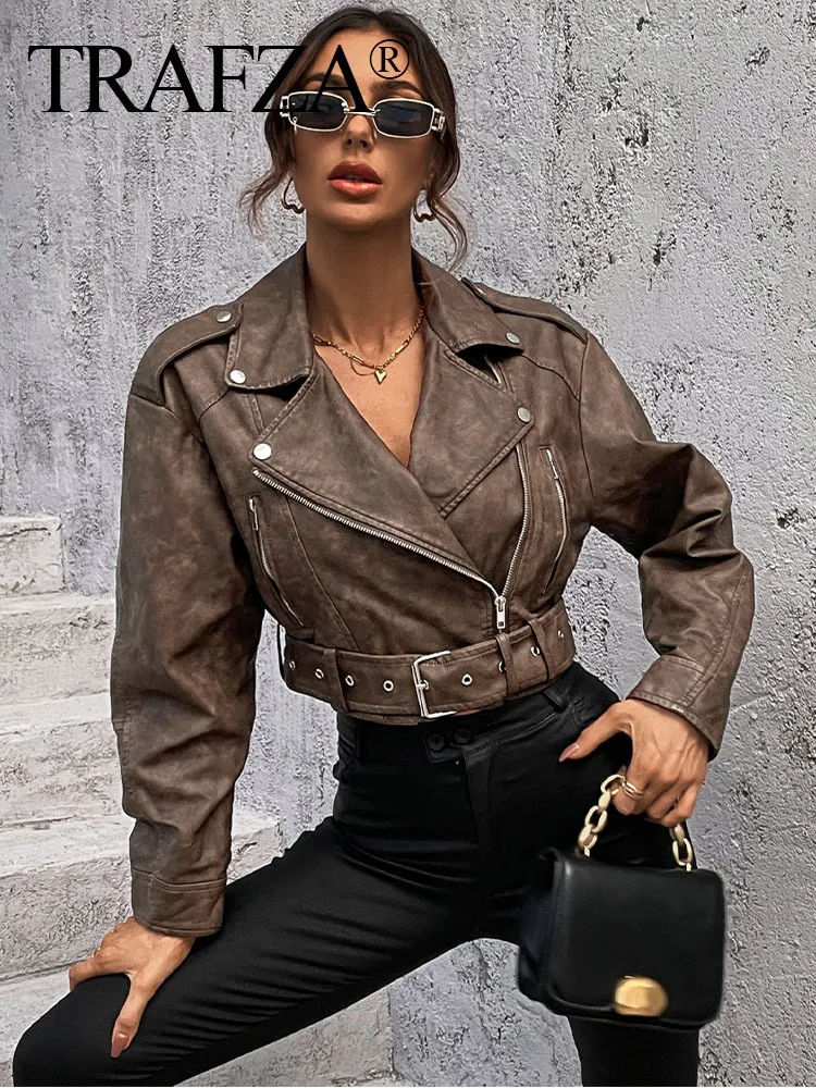 Kvinnorjackor Trafza Female Fashion Leather Jacket Bomber Belt Gradient Washed Coats Vintage Slå ner Collar Dragkedja Kortrock 230817