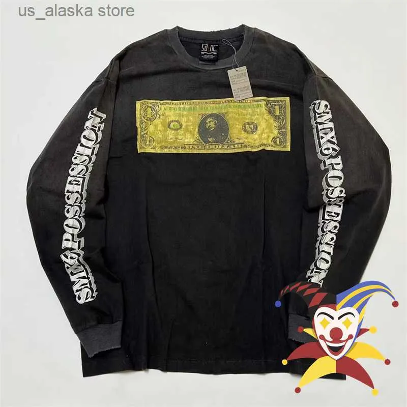 Men's Hoodies Sweatshirts Vintage LS Graffiti Dollar Saint Michael Washed T Shirt Men Women Hole T-shirt Tops Tee T230819