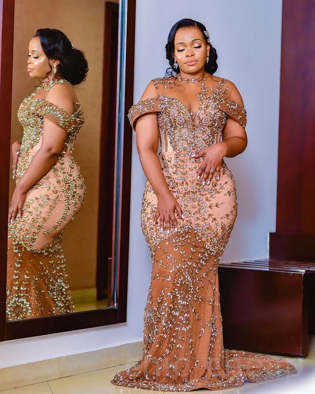 2023 August Aso Ebi Gold Mermaid Prom Dress Crystals Beaded Sealious Aseval Party Second Second Dispirt Disparty Dresses Robe de Soiree