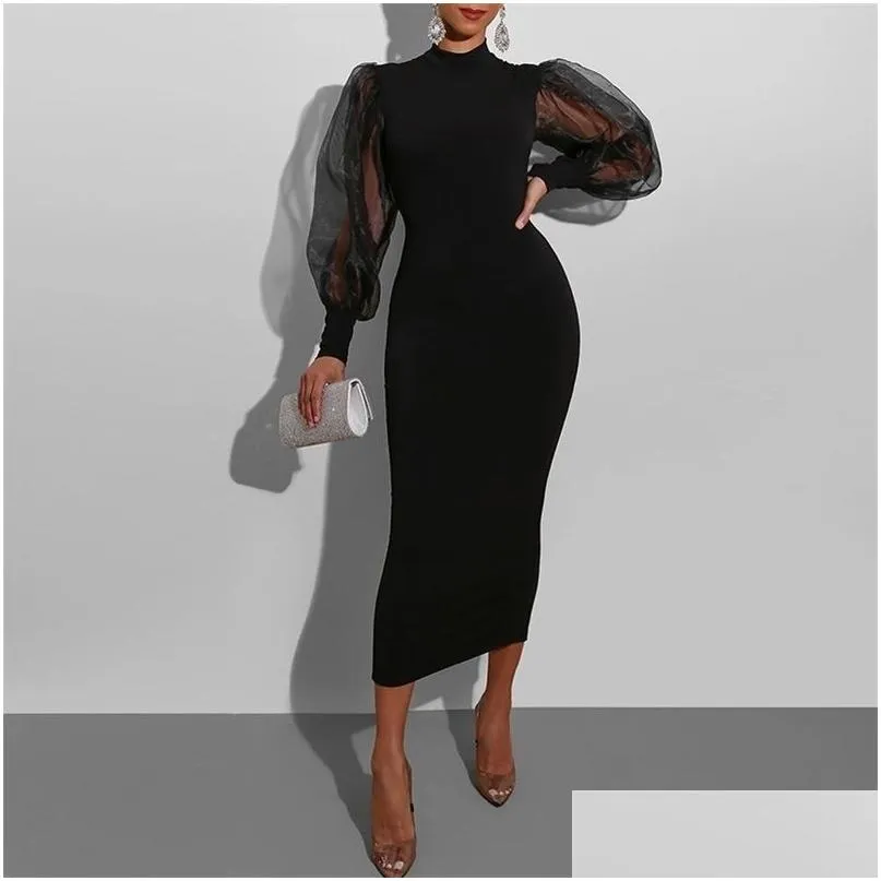 Basic Casual Dresses Mesh Puff Long Sleeve Bodycon Midi Women High Neck Sexy Clubwear Split Pencil Black Slim Womens Party Robe 22 Dhmcq