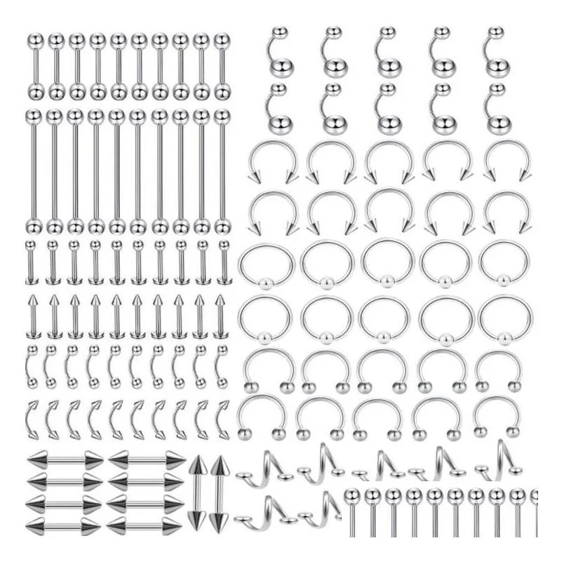 Dil halkaları mücevher gövdesi mücevher toptan 120pcs karışım stilleri paslanmaz çelik gövde piercing kaş göbek burun yüzük aessiors damla şarküteri dho2s