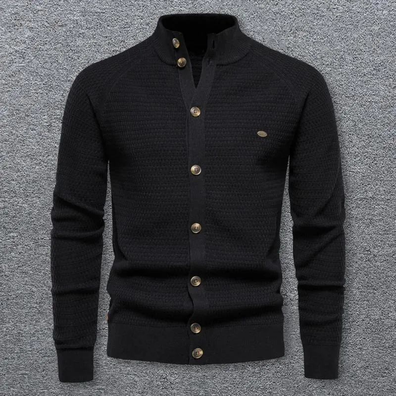 Camisolas masculinos de outono de inverno masculino tricô cardigan stand colar colar manga longa punhos de malha de malha