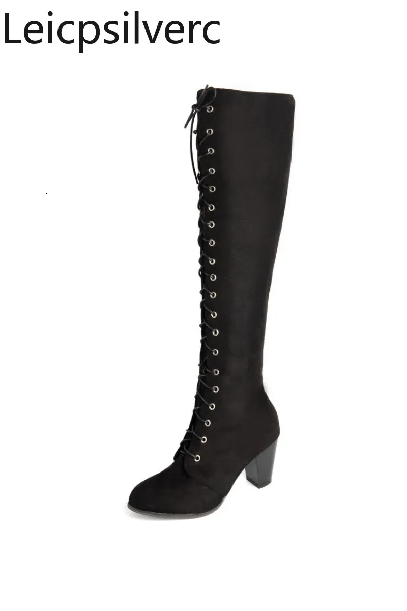 Boot's Boots Automne et Hiver Mode Confortable Polyvalent KneeHigh Crosstied Talon carré haut 75cm plus size3443 230818