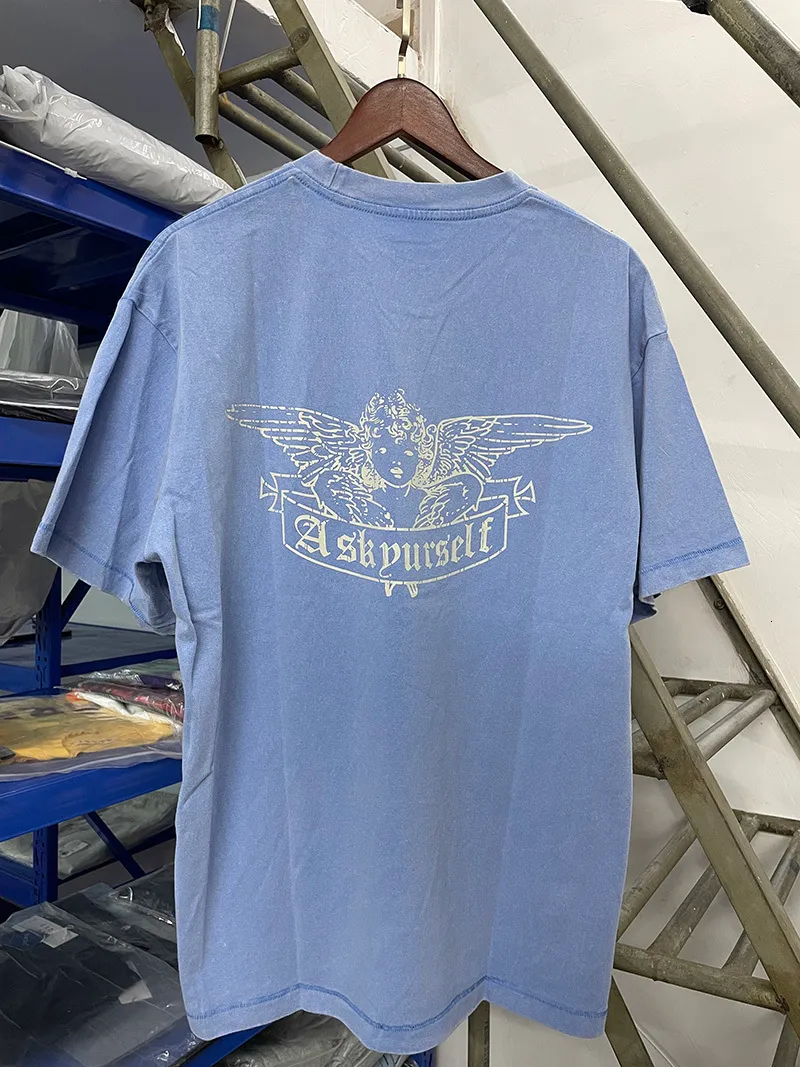 T -shirts voor heren Askyurself Round Neck Heren T Shirts Vintage Retro Wash Angel English Print Short Sleeve T -shirt Loose Blue 230818