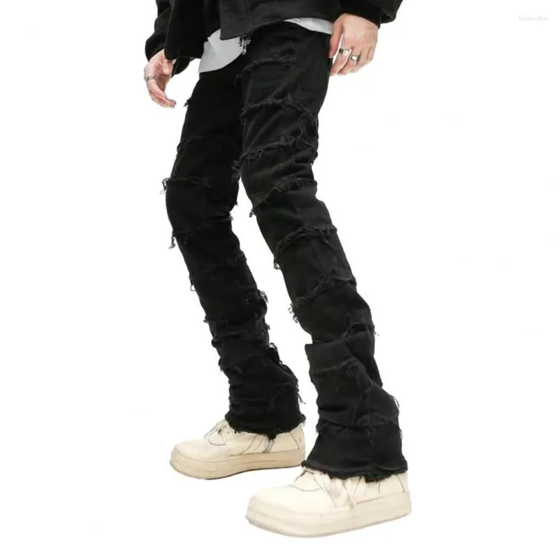 Mäns jeans raka ben denim byxor streetwear för män smala fit rippad mid-rise-knapp med burr kant